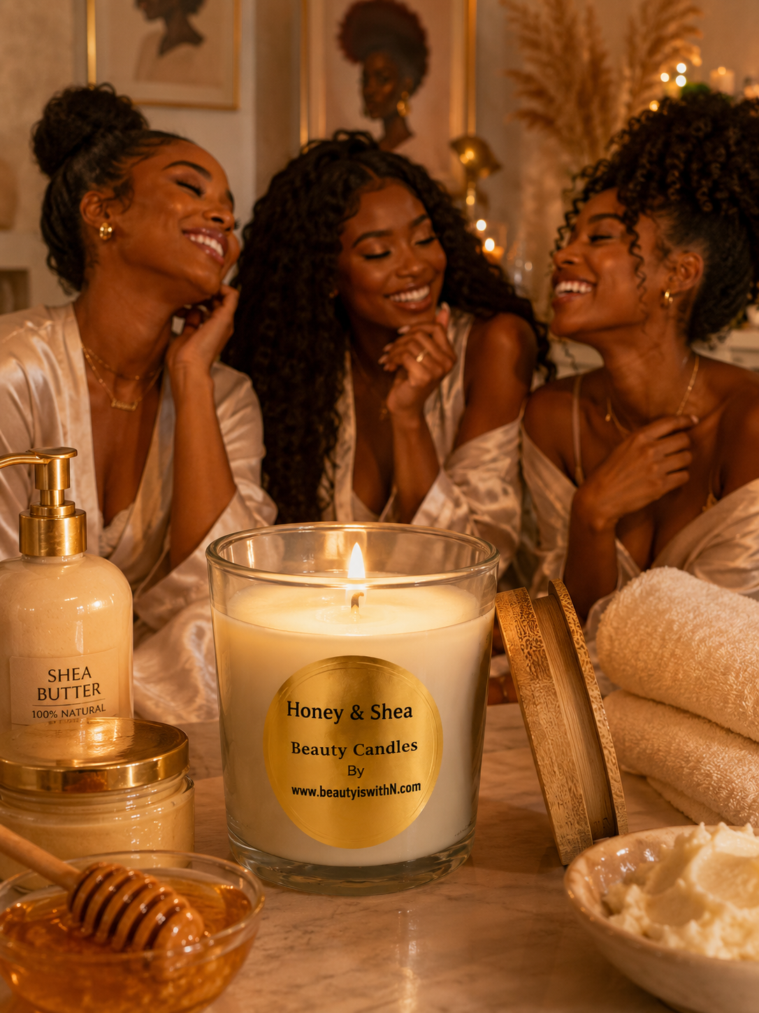 Honey & Shea candle in a luxury self-care setting with shea butter, honey, and Black women enjoying a cozy spa night