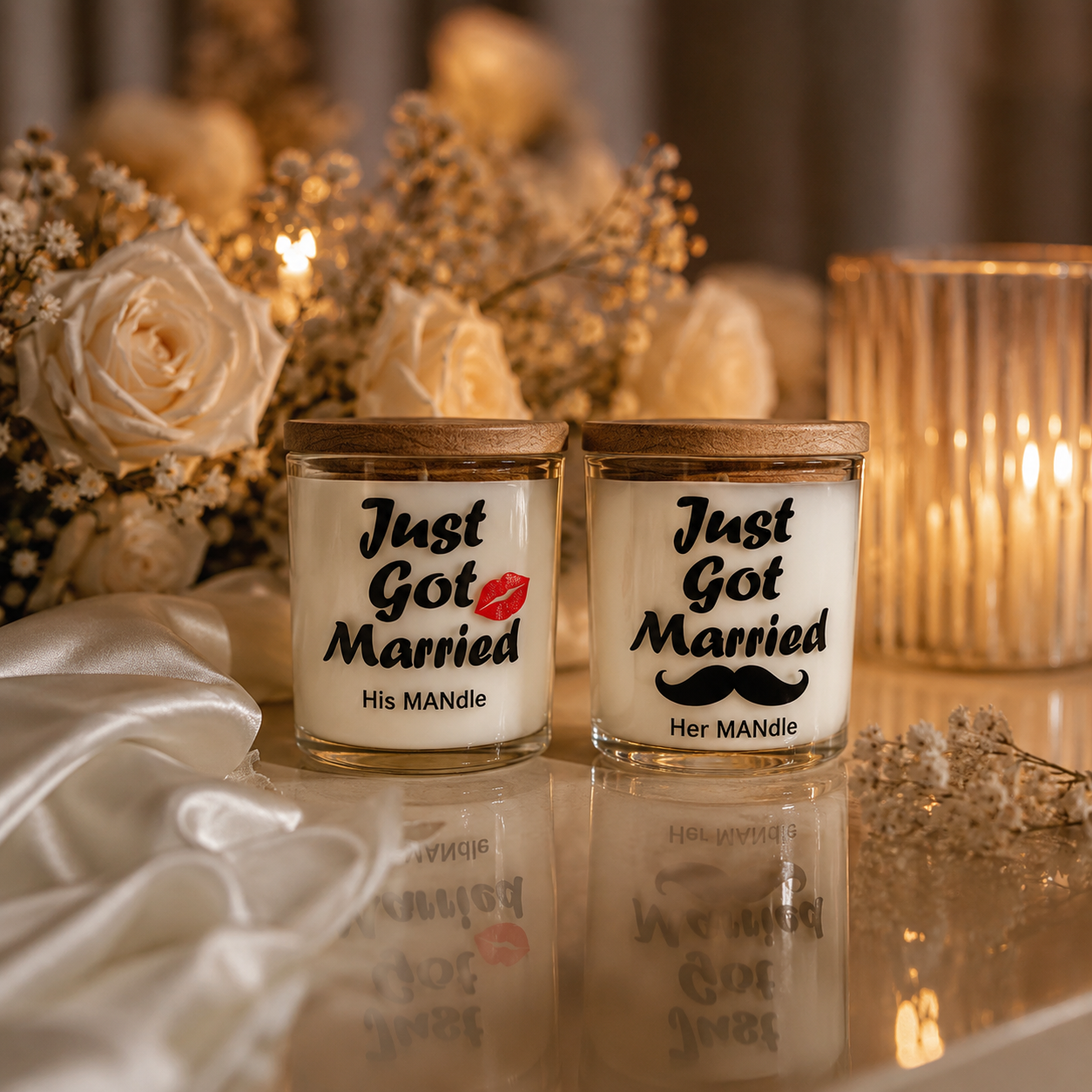 Just Married Wedding Gift Set by Beauty Is WithN | Newlywed Gift, Soy Wax Massage Candle Duo