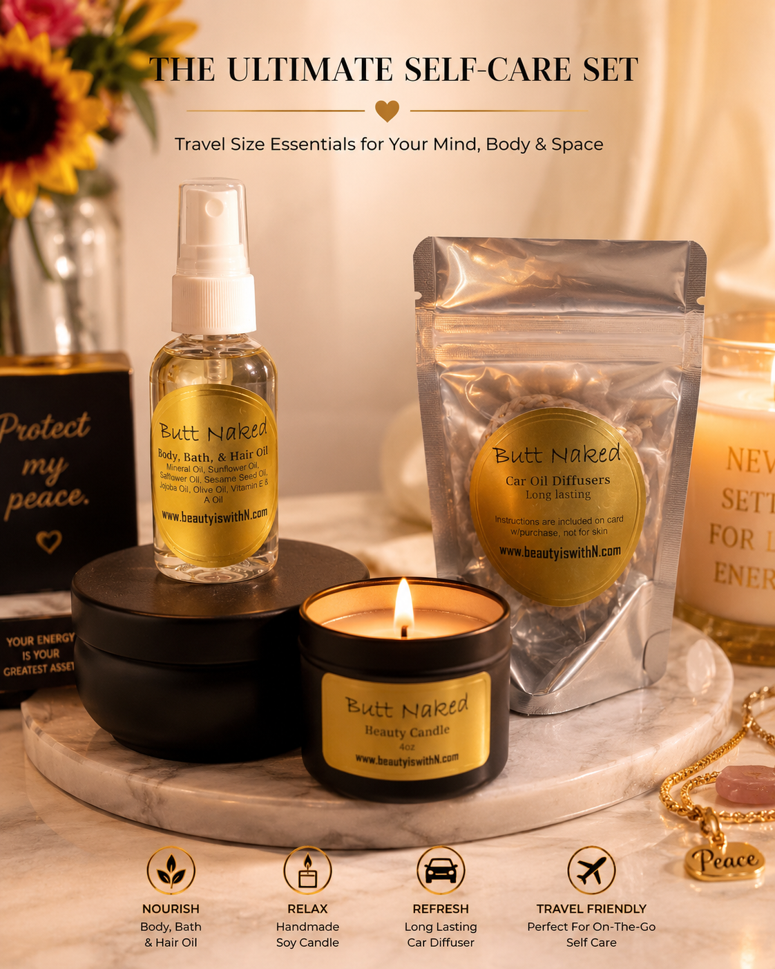 Signature Scents Bundle – Candle, Body Oil & Car Diffuser Set | Beauty Is WithN
