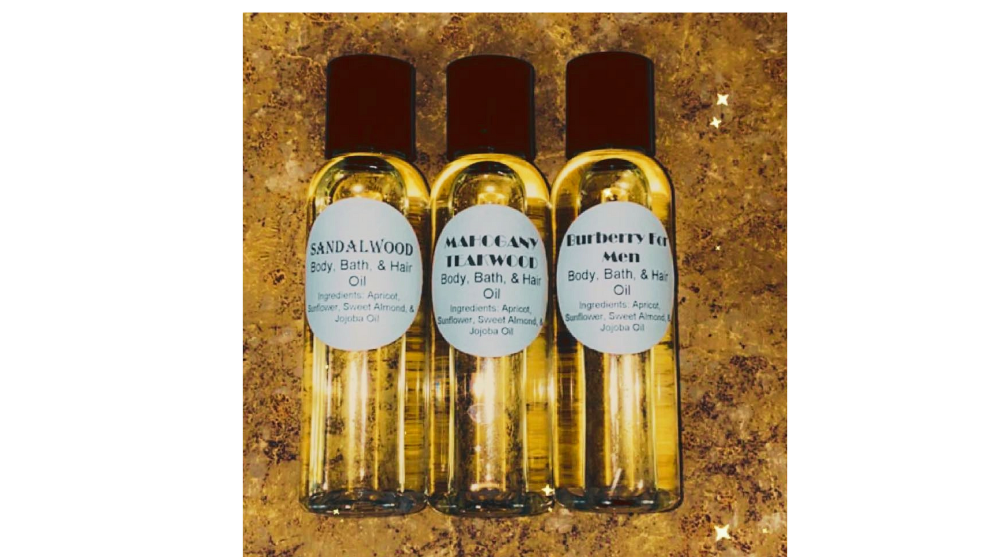 Our Beauty Body Oil is a natural, light oil that is good for your skin, hair, and can be added to your bath water (depending on your PH balance, use lightly). Ingredients: Sunflower Oil, Sweet Almond Oil, Apricot Oil, and Jojoba Oil